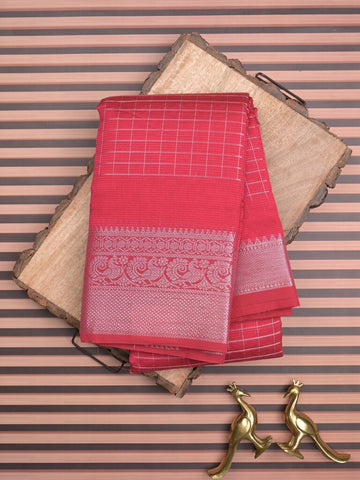Mangalagiri pattu saree pink color allover zari checks & zari border with striped pallu and plain blouse