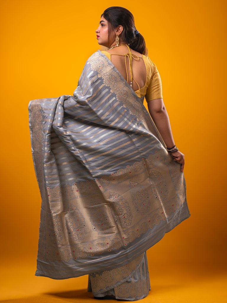 Banaras fancy saree grey color allover zari weaves & zari border with rich pallu and plain blouse
