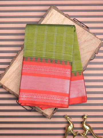 Mangalagiri pattu saree olive green color allover zari checks & zari border with striped pallu and plain blouse