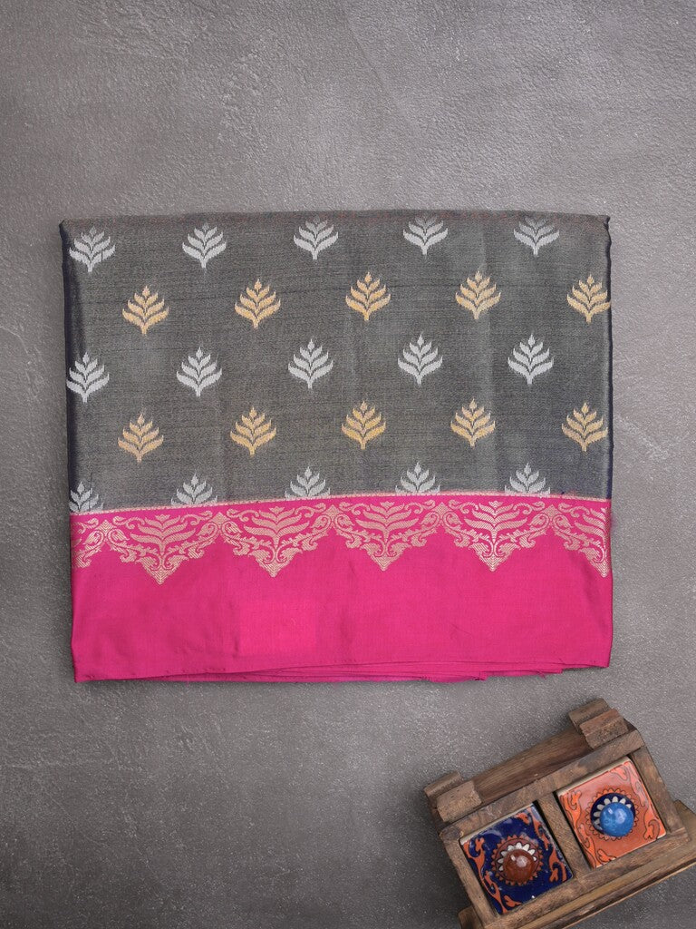 Dupion tissue fancy saree grey color allover zari motifs & zari border with rich pallu and attached blouse