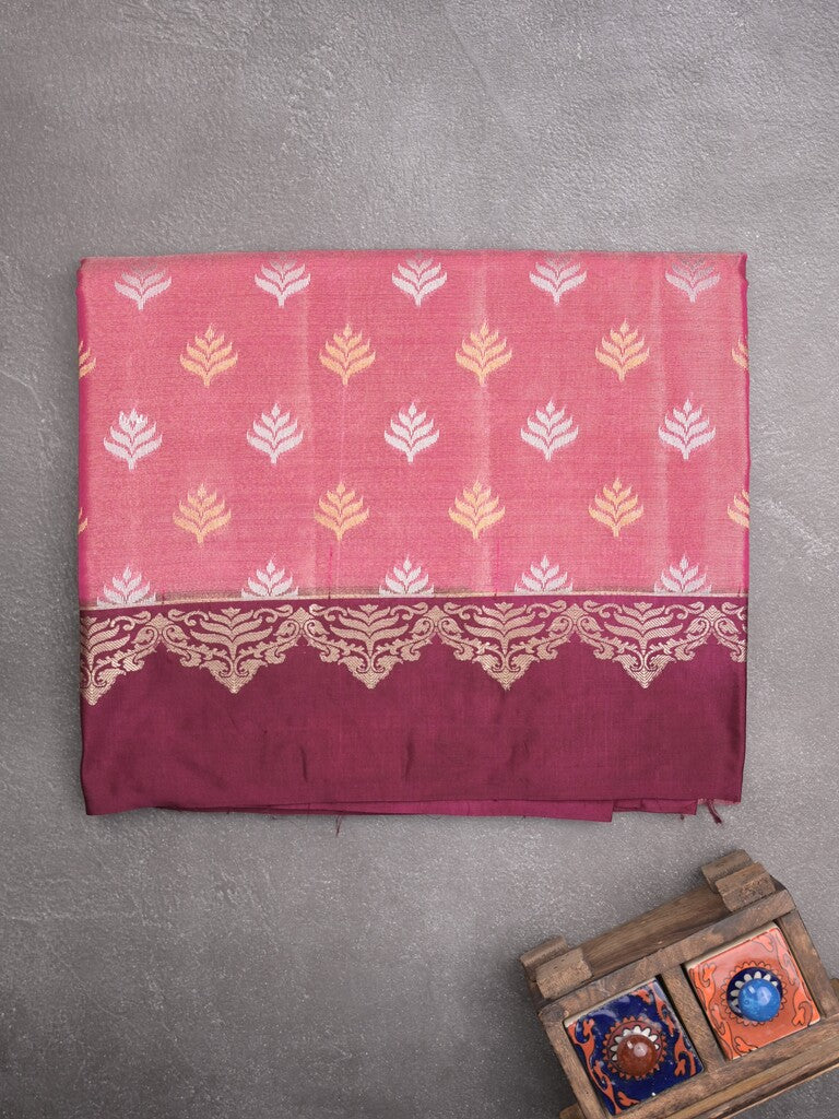Dupion tissue fancy saree rose pink color allover zari motifs & zari border with rich pallu and attached blouse