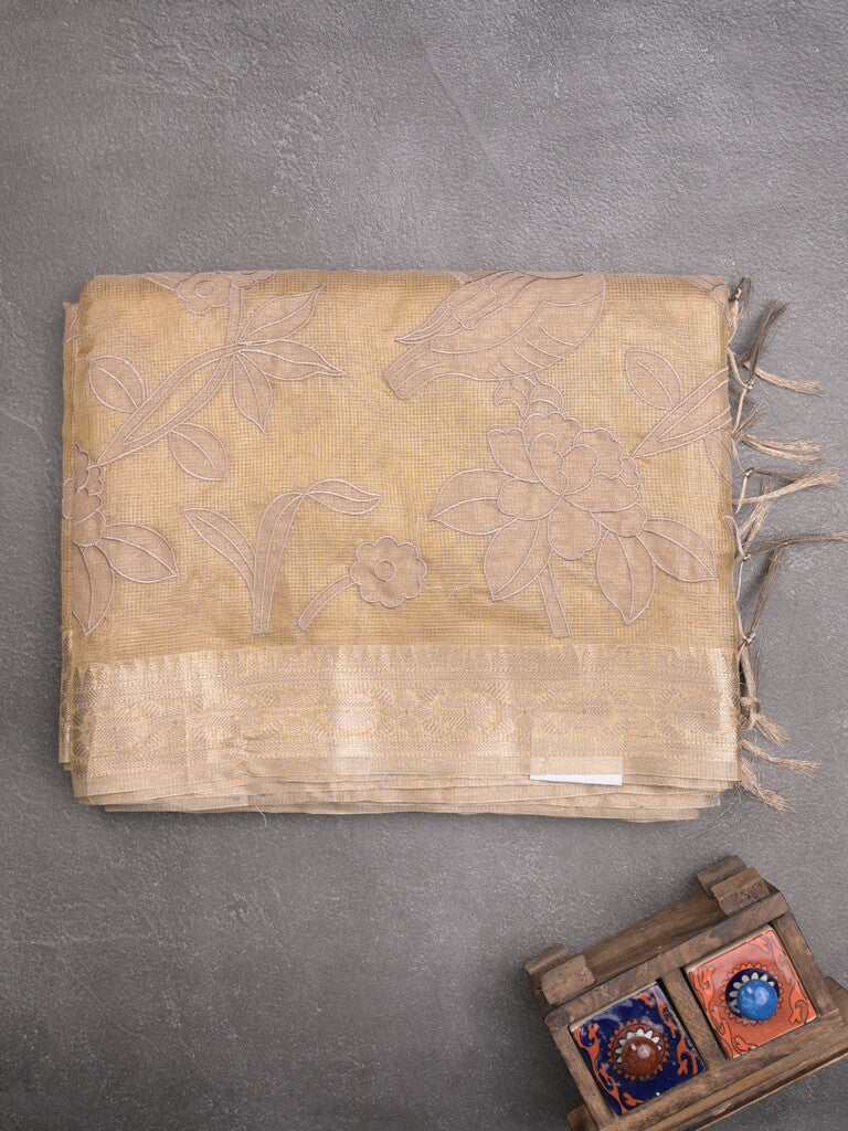 Kota tissue fancy sraee beige color allover embroidery & zari border with short pallu and attached self blouse