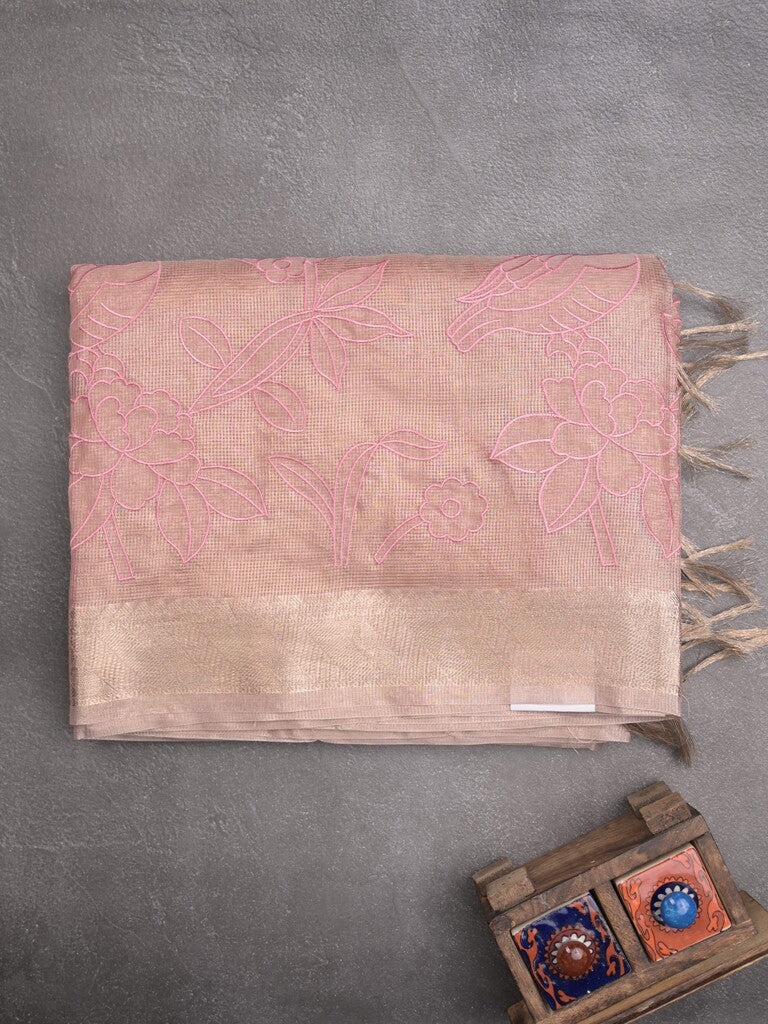 Kota tissue fancy sraee baby pink color allover embroidery & zari border with short pallu and attached self blouse