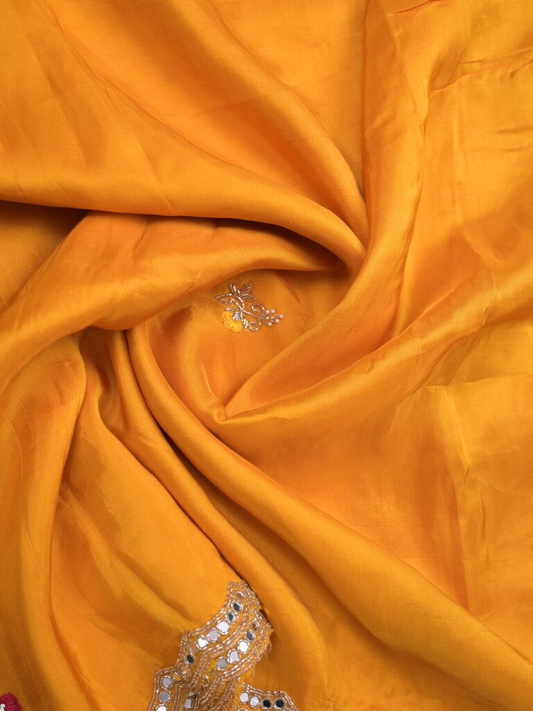 Tabby silk fancy saree golden yellow color allover plain, embroidery motifs & embroidery border with running pallu and designer blouse