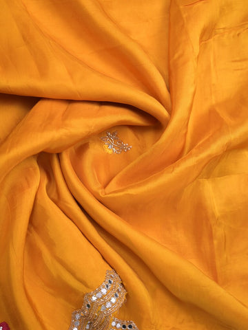 Tabby silk fancy saree golden yellow color allover plain, embroidery motifs & embroidery border with running pallu and designer blouse