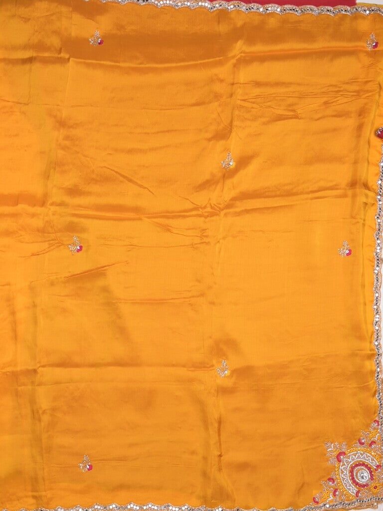 Tabby silk fancy saree golden yellow color allover plain, embroidery motifs & embroidery border with running pallu and designer blouse