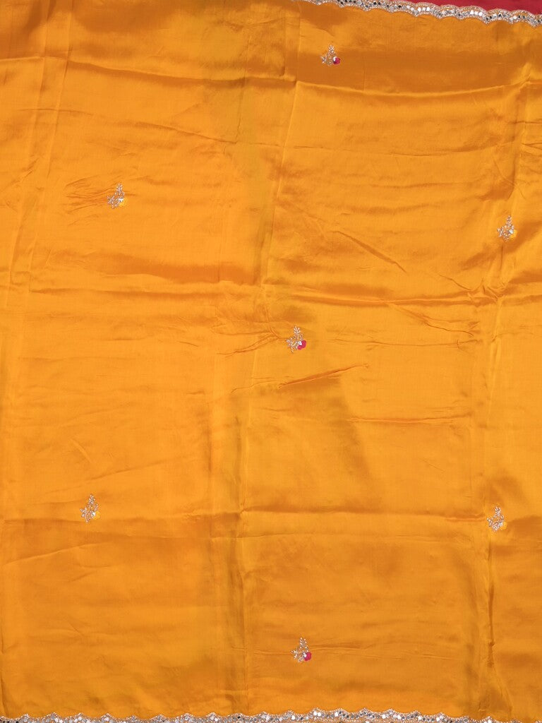 Tabby silk fancy saree golden yellow color allover plain, embroidery motifs & embroidery border with running pallu and designer blouse