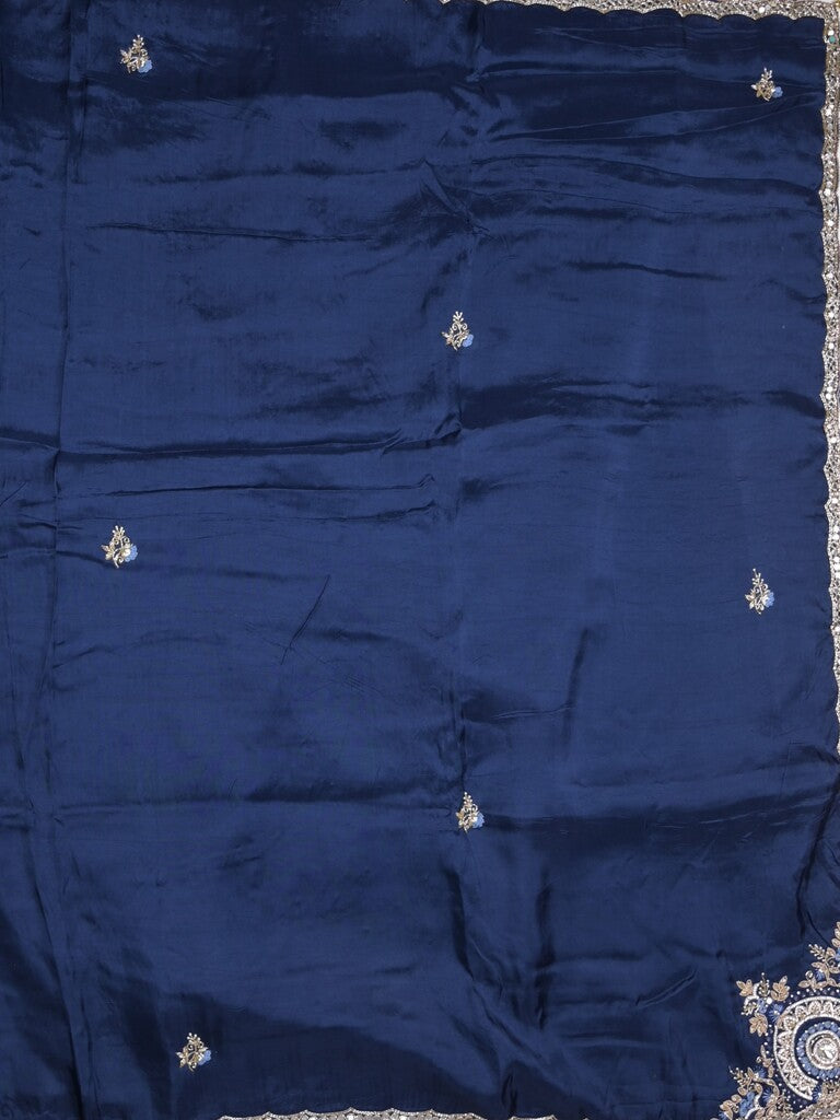 Tabby silk fancy saree royal blue color allover plain, embroidery motifs & embroidery border with running pallu and designer blouse
