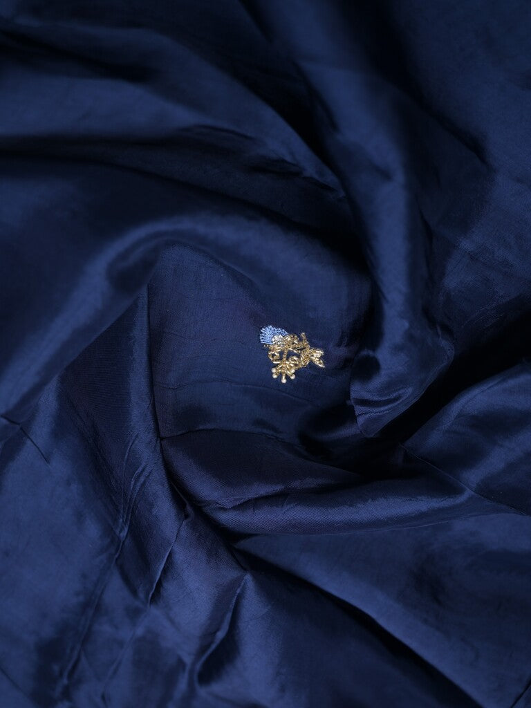 Tabby silk fancy saree royal blue color allover plain, embroidery motifs & embroidery border with running pallu and designer blouse