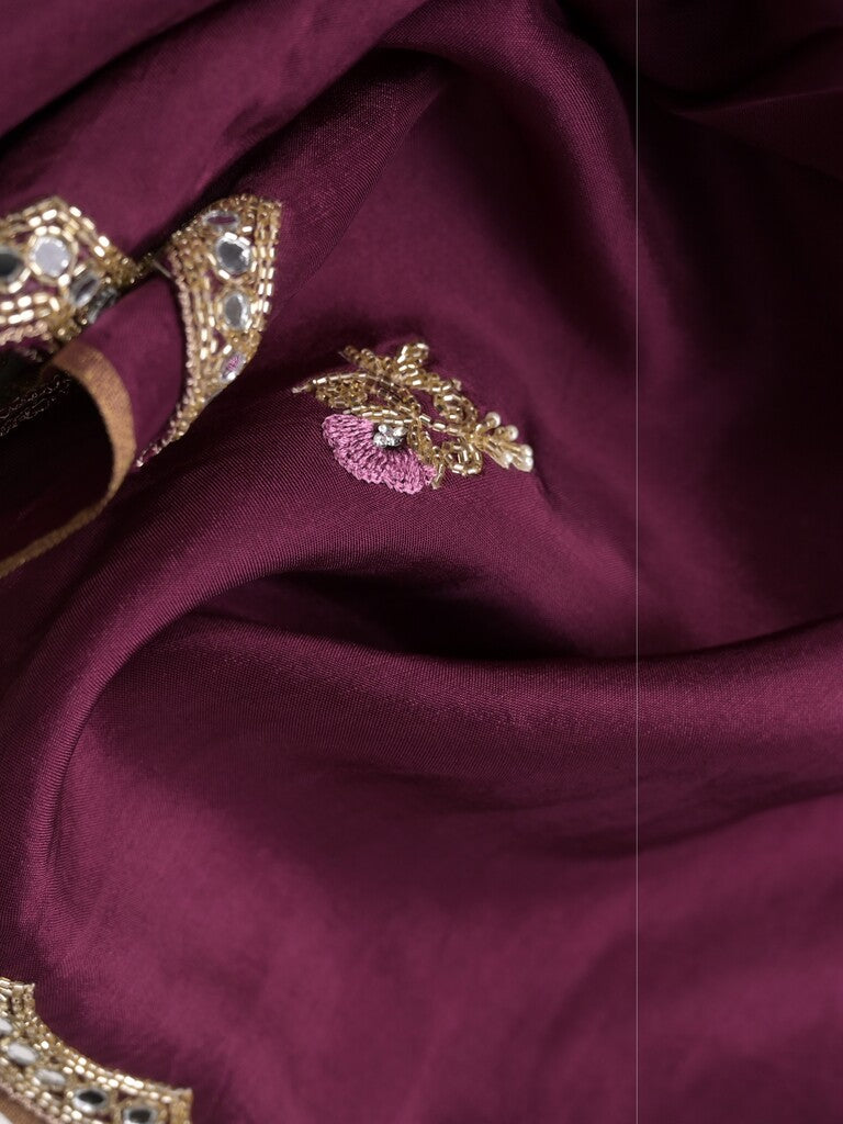 Tabby silk fancy saree wine color allover plain, embroidery motifs & embroidery border with running pallu and designer blouse