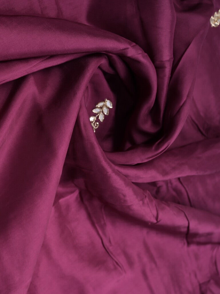 Tabby silk fancy saree dark purple color allover plain, embroidery motifs & embroidery border with running pallu and designer blouse