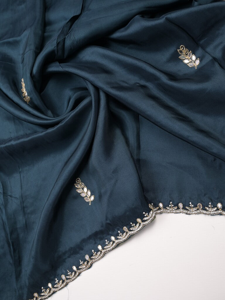 Tabby silk fancy saree dark blue color allover plain, embroidery motifs & embroidery border with running pallu and designer blouse