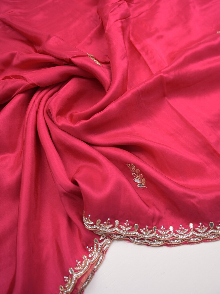 Tabby silk fancy saree pink color allover plain, embroidery motifs & embroidery border with running pallu and designer blouse