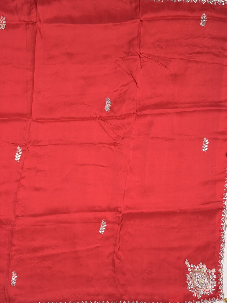 Tabby silk fancy saree red color allover plain, embroidery motifs & embroidery border with running pallu and designer blouse