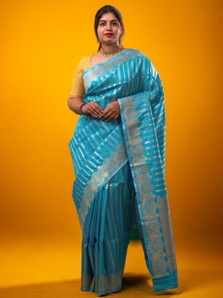 Banaras fancy saree sky blue color allover zari weaves & zari border with rich pallu and plain blouse