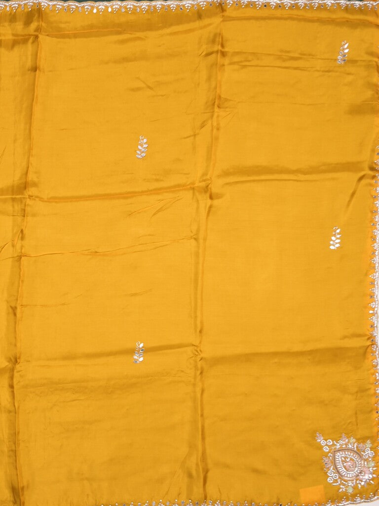 Tabby silk fancy saree yellow color allover plain, embroidery motifs & embroidery border with running pallu and designer blouse
