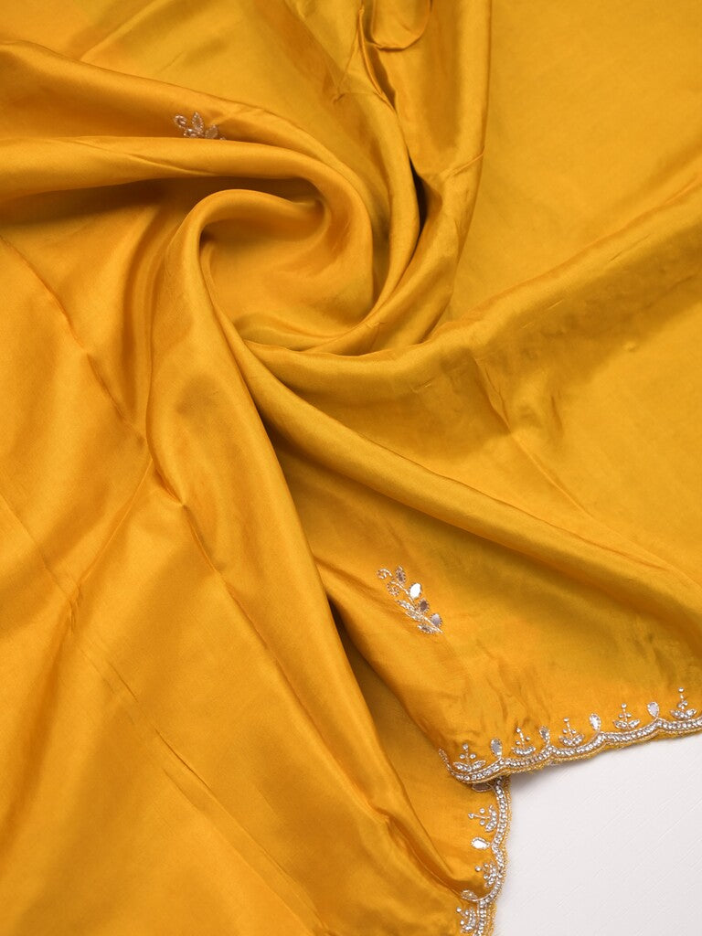 Tabby silk fancy saree yellow color allover plain, embroidery motifs & embroidery border with running pallu and designer blouse
