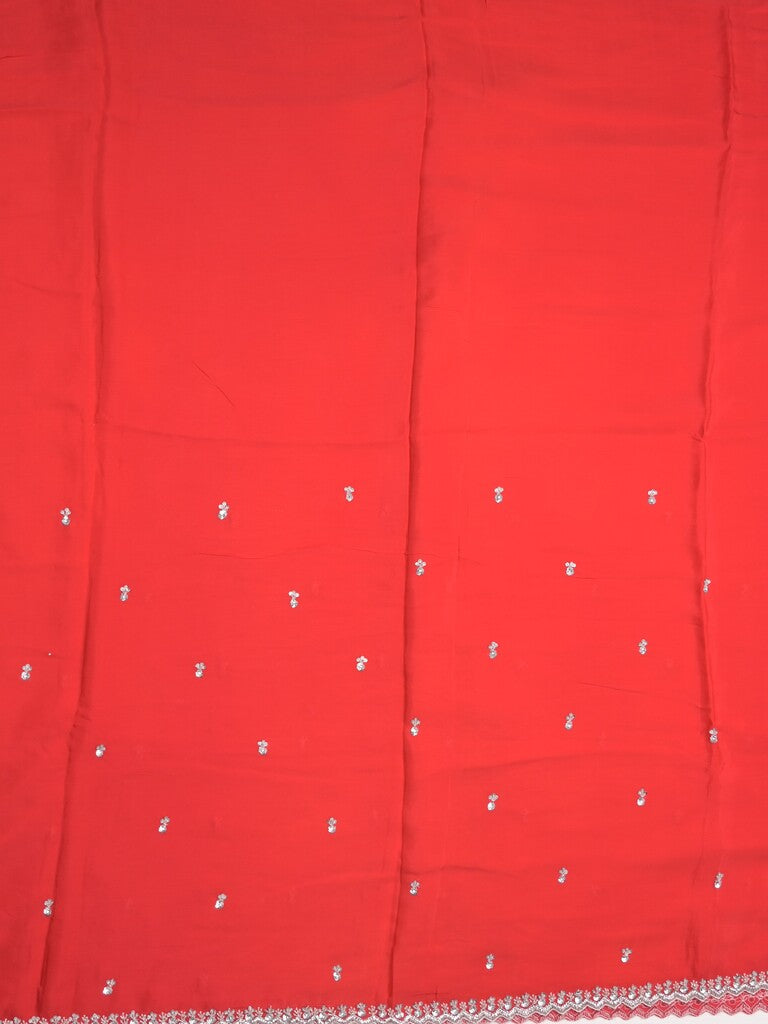 Chiffon fancy saree red color allover plain, embroidery motifs & embroidery border with running pallu and designer blouse