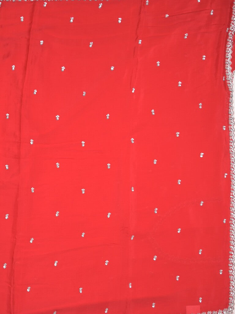 Chiffon fancy saree red color allover plain, embroidery motifs & embroidery border with running pallu and designer blouse