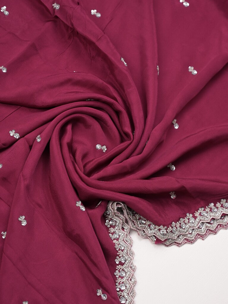 Chiffon fancy saree wine color allover plain, embroidery motifs & embroidery border with running pallu and designer blouse