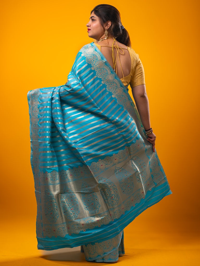 Banaras fancy saree sky blue color allover zari weaves & zari border with rich pallu and plain blouse