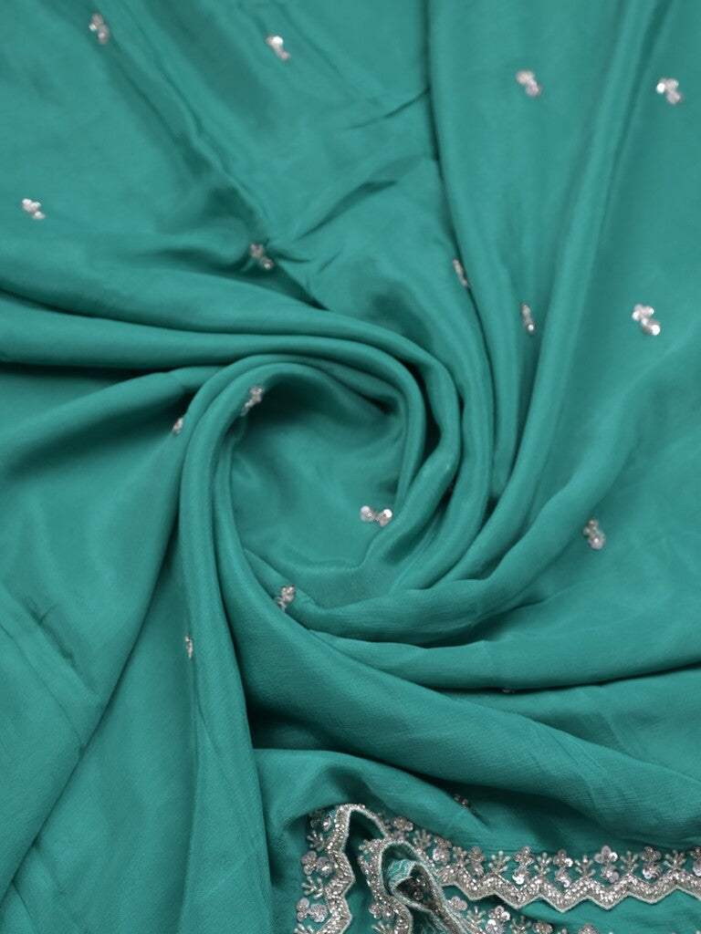 Chiffon fancy saree sky blue color allover plain, embroidery motifs & embroidery border with running pallu and designer blouse