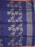 Jute lenin fancy saree royal blue color allover checks & zari border with zari weaving pallu and attached self blouse