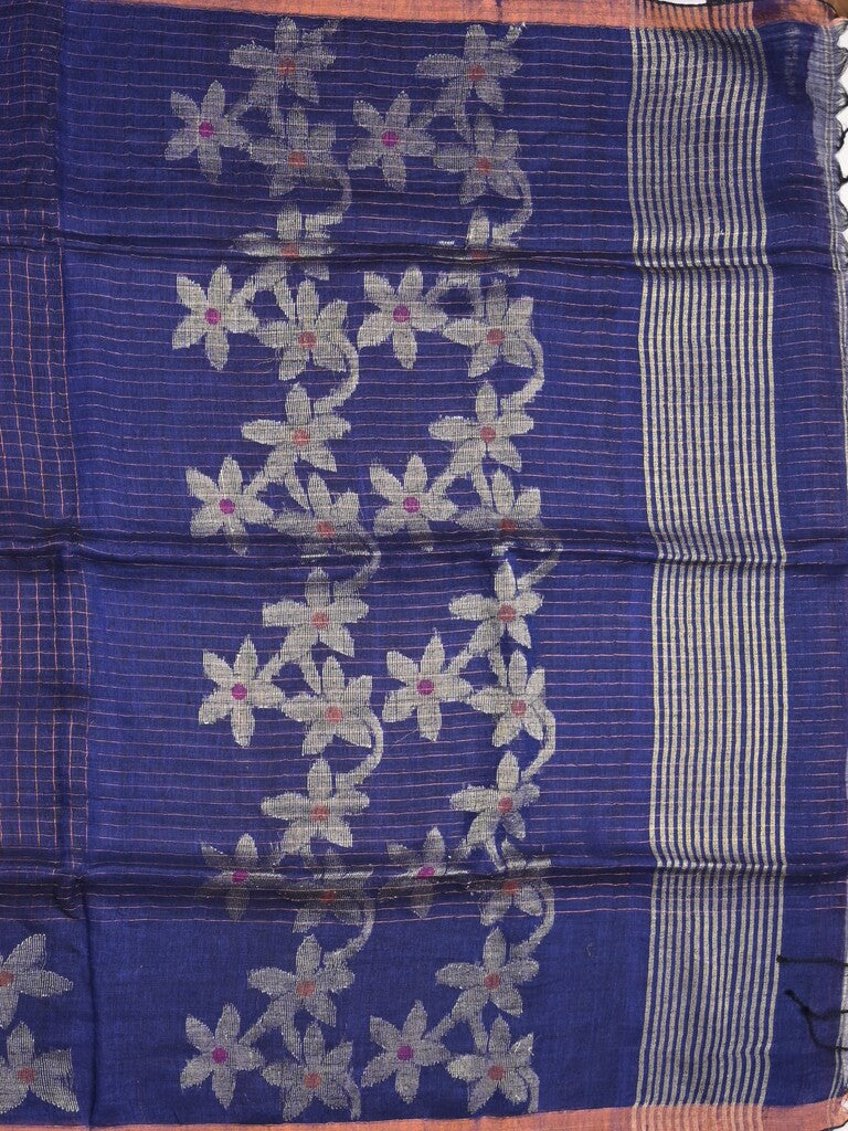 Jute lenin fancy saree royal blue color allover checks & zari border with zari weaving pallu and attached self blouse
