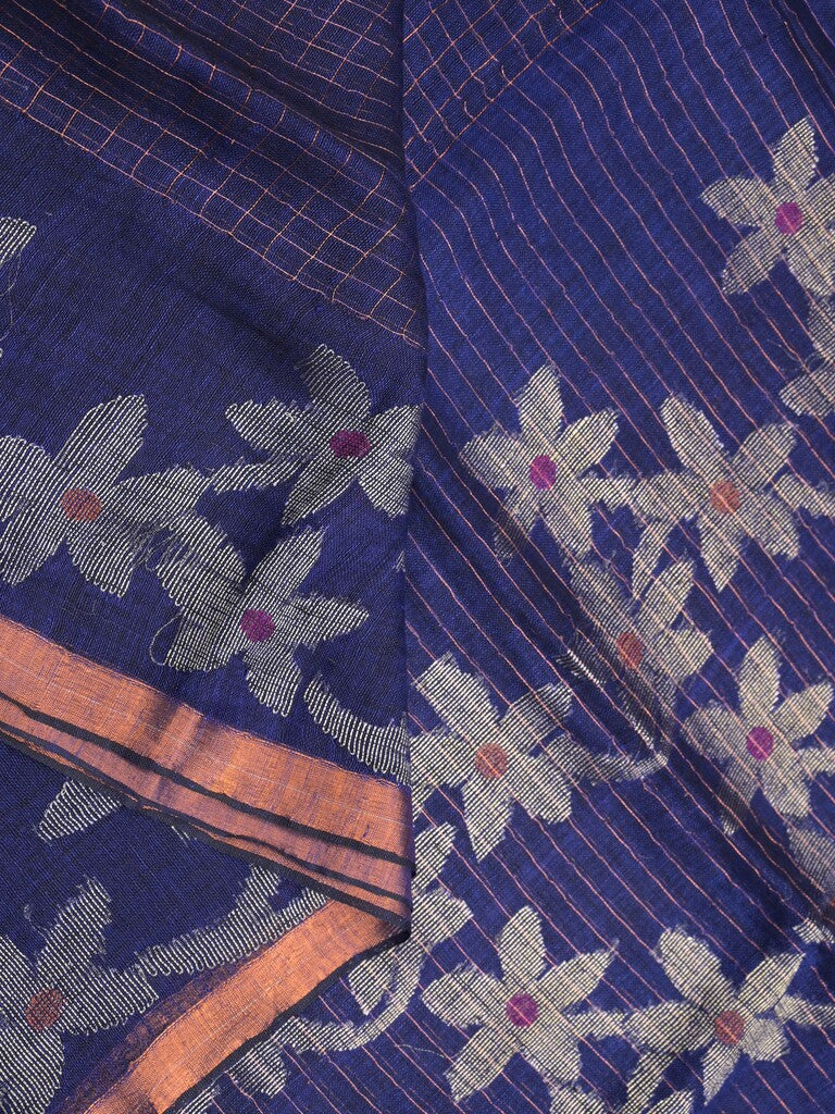 Jute lenin fancy saree royal blue color allover checks & zari border with zari weaving pallu and attached self blouse