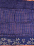 Jute lenin fancy saree royal blue color allover checks & zari border with zari weaving pallu and attached self blouse