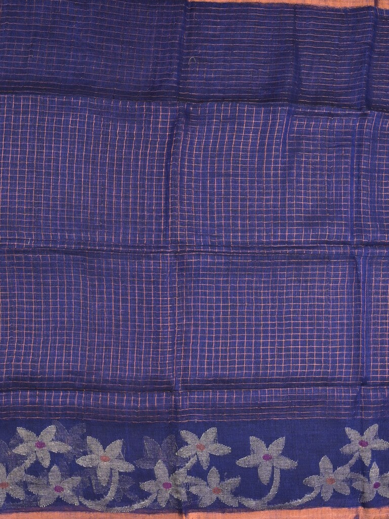 Jute lenin fancy saree royal blue color allover checks & zari border with zari weaving pallu and attached self blouse