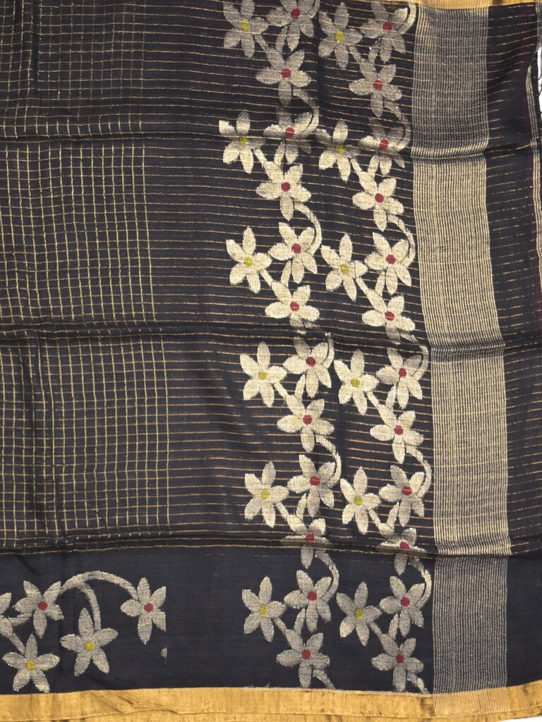 Jute lenin fancy saree black color allover checks & zari border with zari weaving pallu and attached self blouse