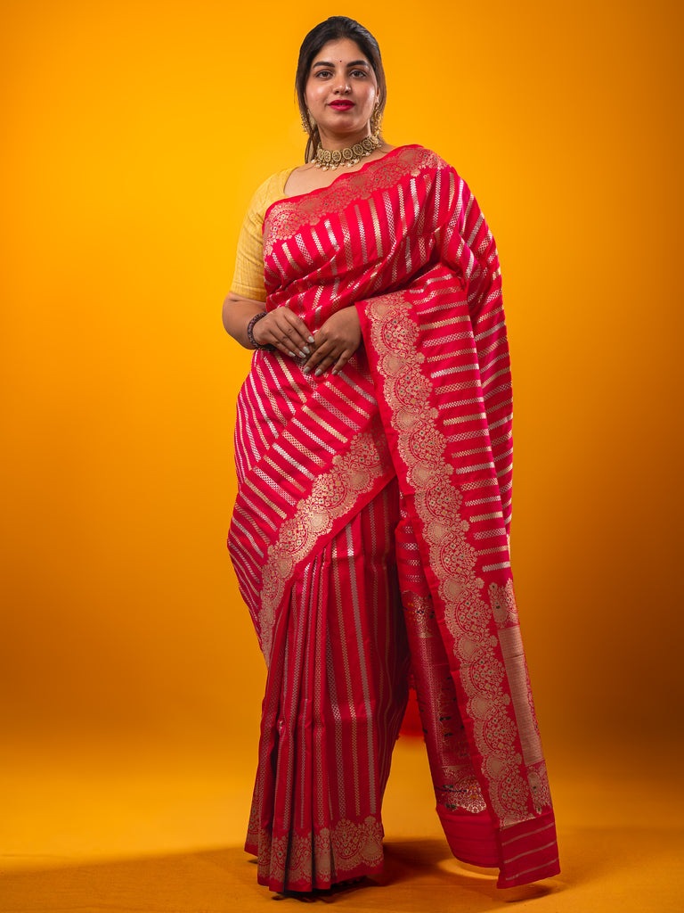 Banaras fancy saree cherry red color allover zari weaves & zari border with rich pallu and plain blouse