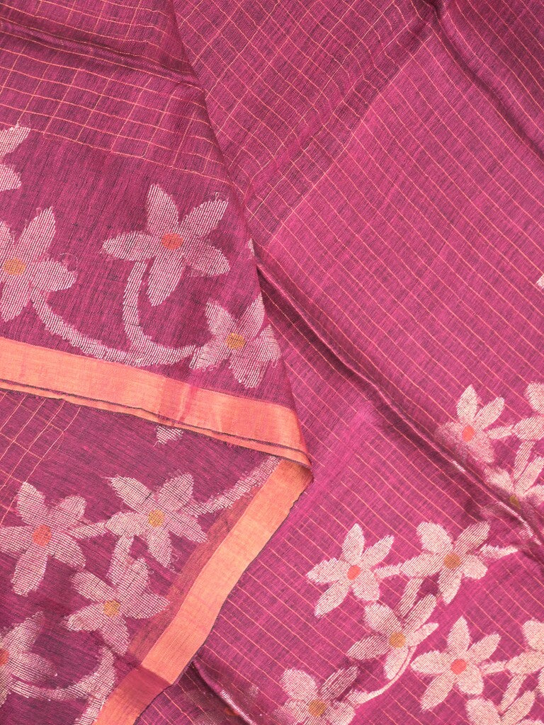 Jute lenin fancy saree magenta color allover checks & zari border with zari weaving pallu and attached self blouse