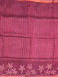 Jute lenin fancy saree magenta color allover checks & zari border with zari weaving pallu and attached self blouse