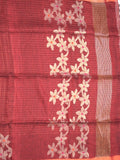 Jute lenin fancy saree maroon color allover checks & zari border with zari weaving pallu and attached self blouse