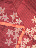 Jute lenin fancy saree maroon color allover checks & zari border with zari weaving pallu and attached self blouse