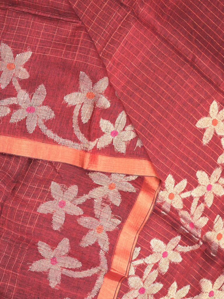 Jute lenin fancy saree maroon color allover checks & zari border with zari weaving pallu and attached self blouse