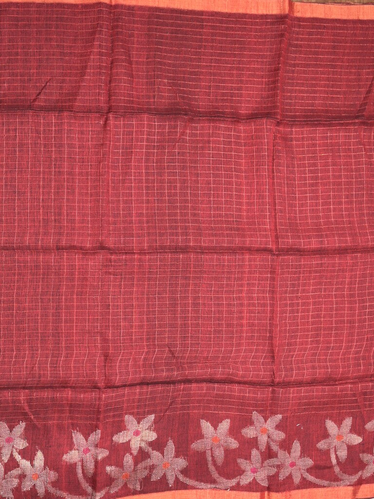 Jute lenin fancy saree maroon color allover checks & zari border with zari weaving pallu and attached self blouse