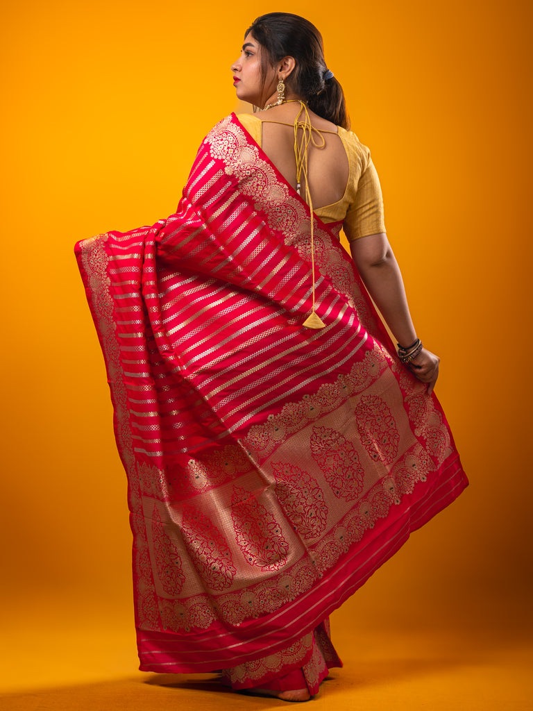 Banaras fancy saree cherry red color allover zari weaves & zari border with rich pallu and plain blouse
