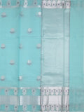 Chanderi fancy saree sky blue color allover zari motifs & zari border with short zari pallu and attached plain blouse
