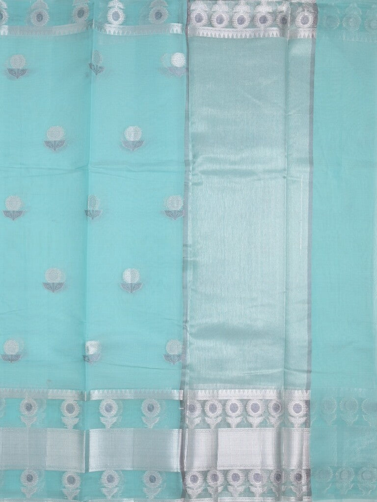 Chanderi fancy saree sky blue color allover zari motifs & zari border with short zari pallu and attached plain blouse