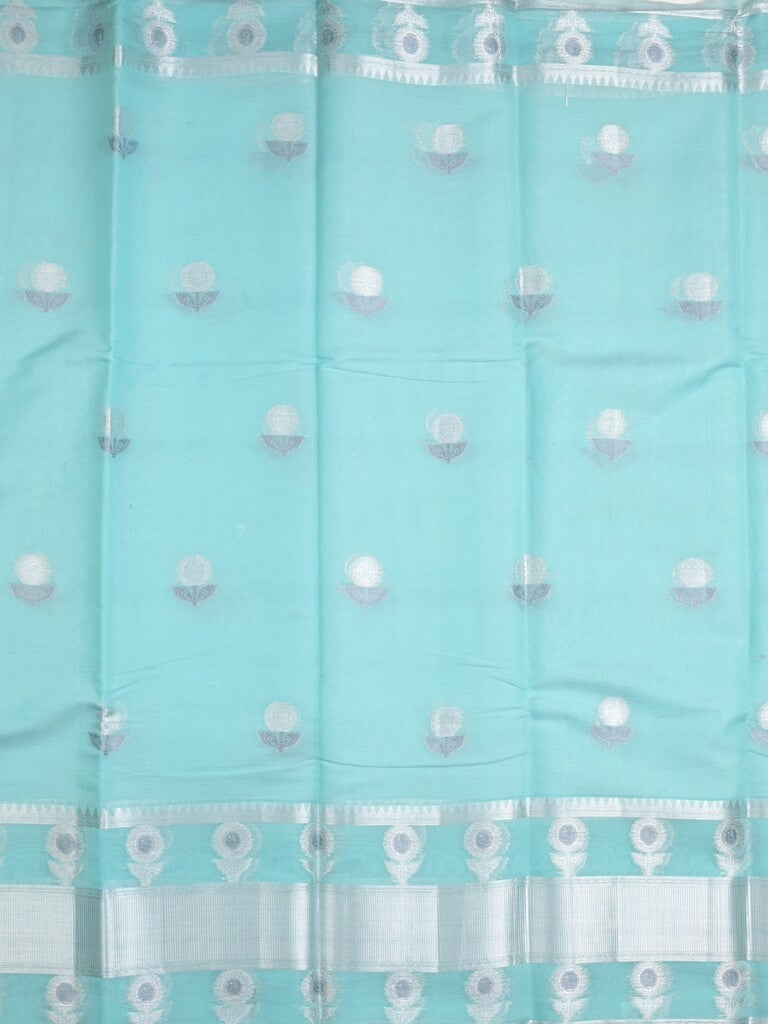 Chanderi fancy saree sky blue color allover zari motifs & zari border with short zari pallu and attached plain blouse