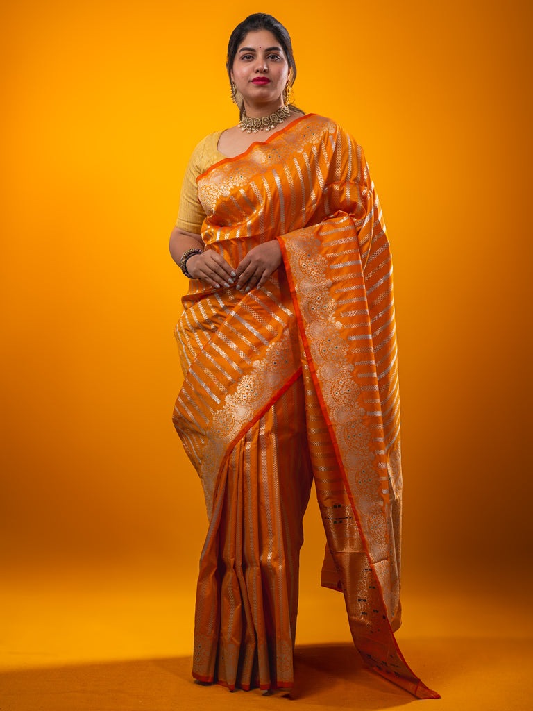 Banaras fancy saree orange color allover zari weaves & zari border with rich pallu and plain blouse