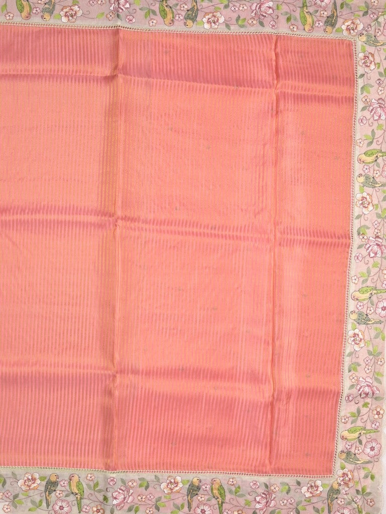 Dola tissue fancy saree peach color allover stripes & embroidery cutwork border with running pallu and plain blouse