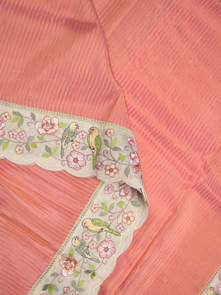 Dola tissue fancy saree peach color allover stripes & embroidery cutwork border with running pallu and plain blouse