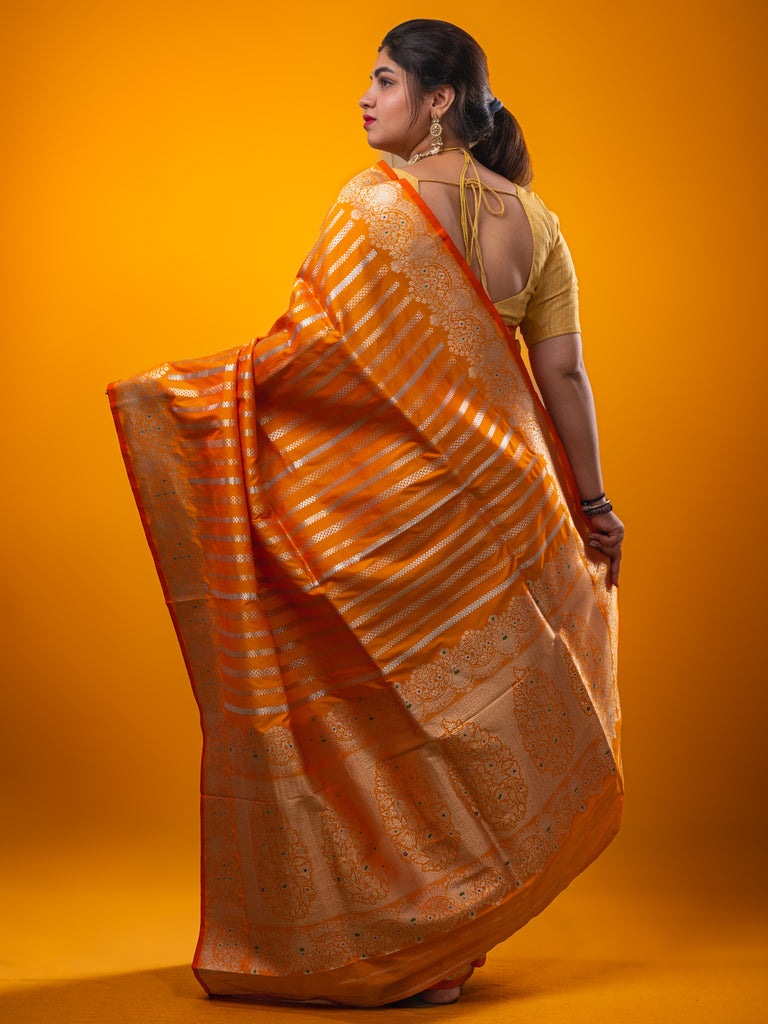 Banaras fancy saree orange color allover zari weaves & zari border with rich pallu and plain blouse