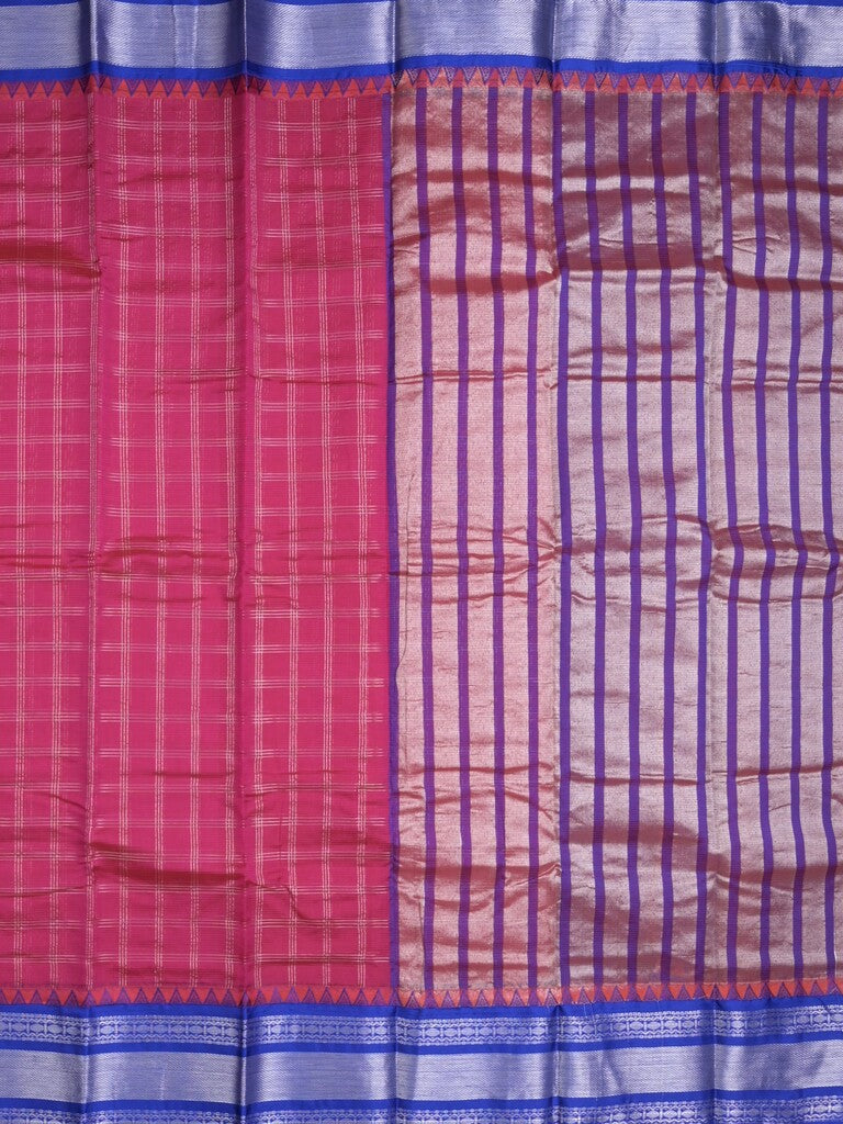 Mangalagiri pattu saree magenta color allover zari checks & zari border with striped pallu and plain blouse