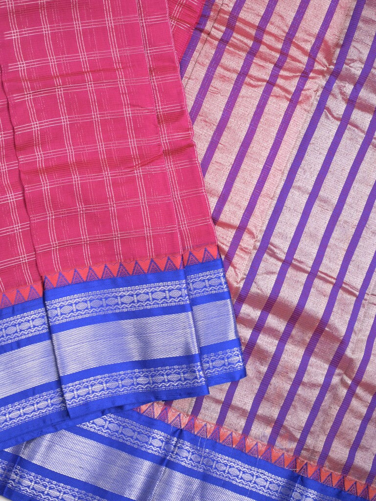 Mangalagiri pattu saree magenta color allover zari checks & zari border with striped pallu and plain blouse
