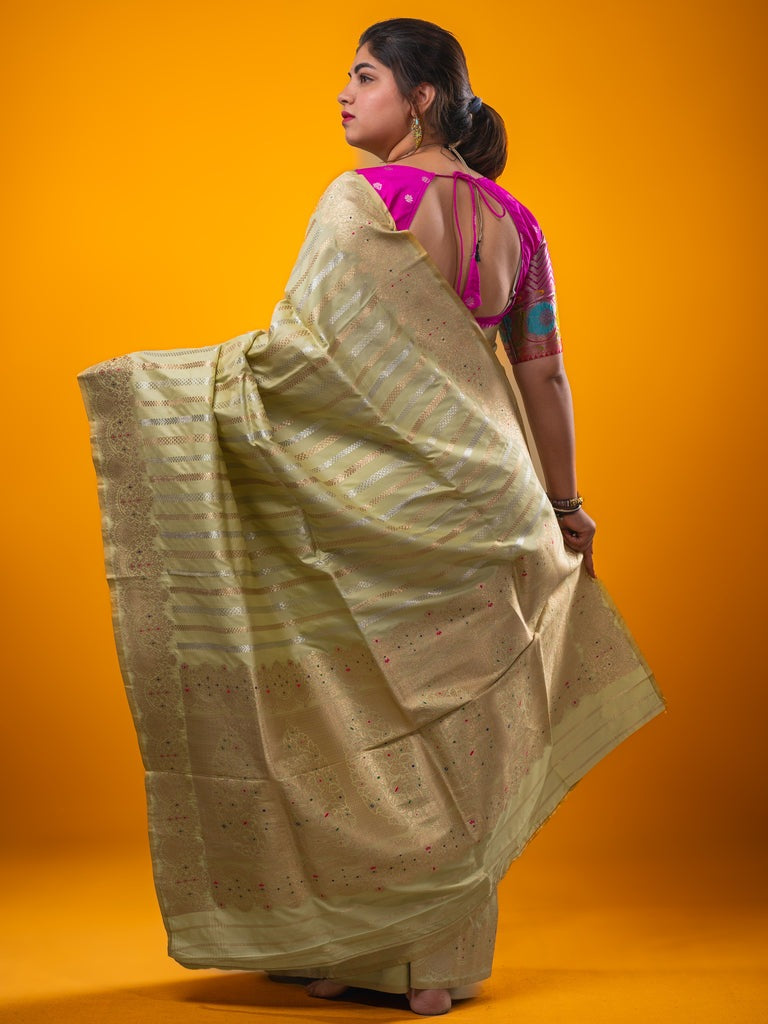 Banaras fancy saree light pista green color allover zari weaves & zari border with rich pallu and plain blouse